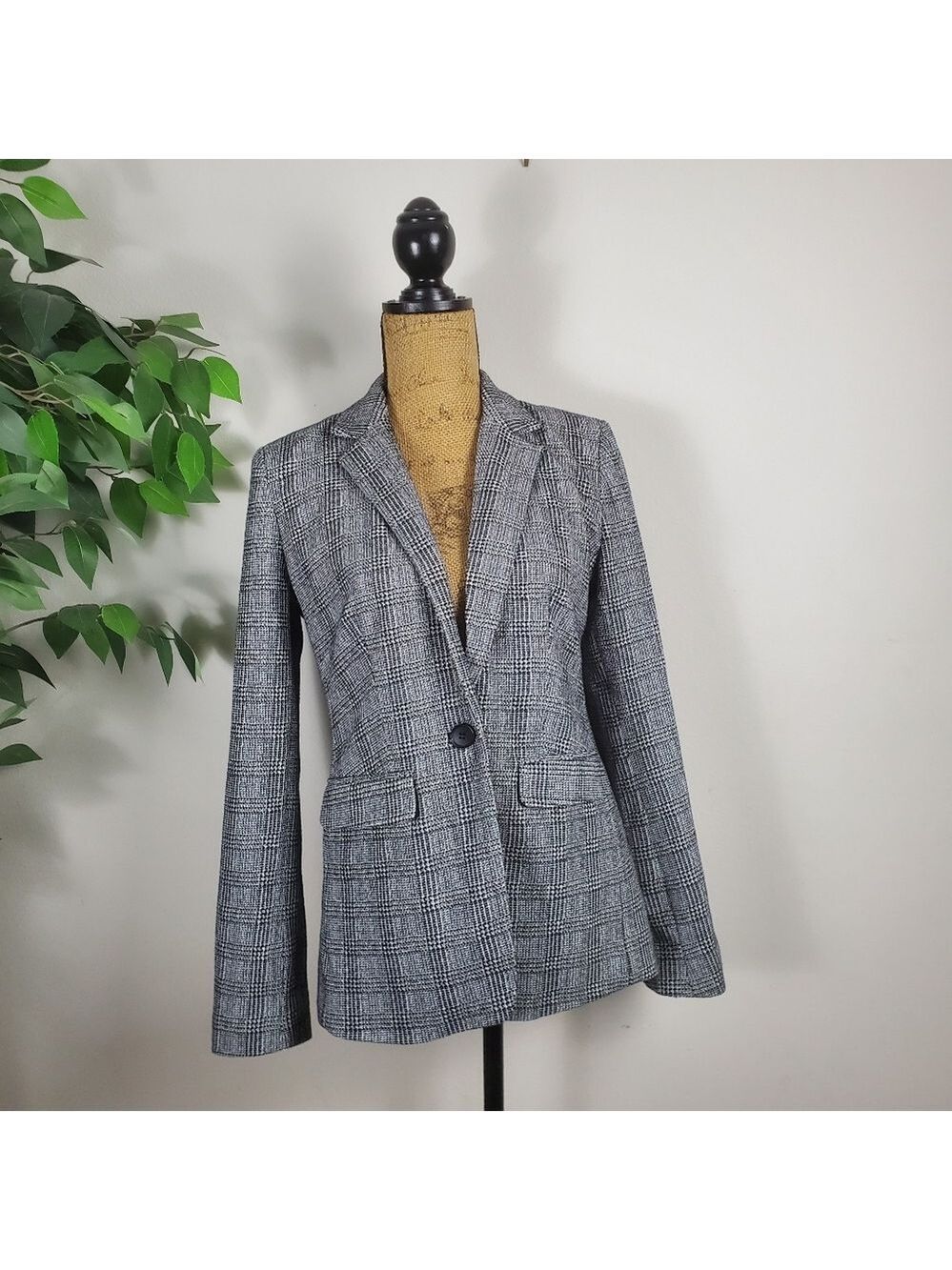LOFT Gray Black Plaid Tweed Blazer Women Size 4